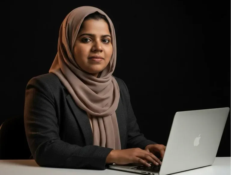 best freelance seo expert in malappuram Professional woman in a beige hijab and dark blazer working on a silver laptop at a white desk against a black background.