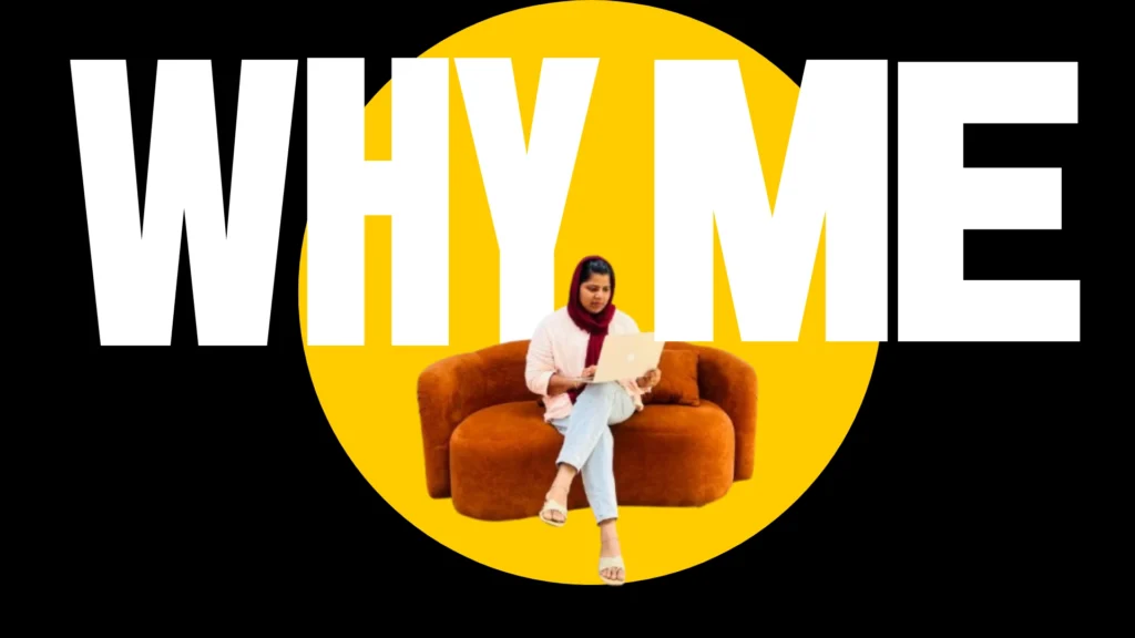 best freelance seo expert in malappuram sitting on a brown sofa inside a bright yellow circular background with large white text behind her.