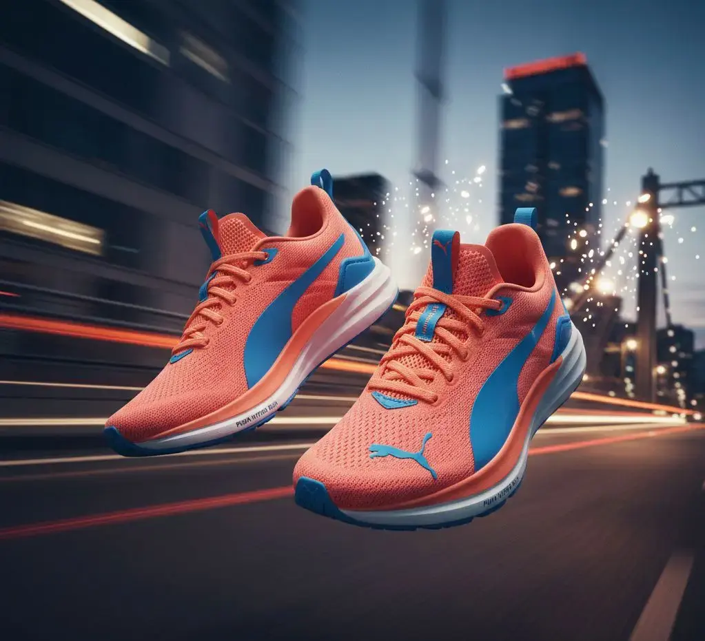 besr freelance seo expert in malappuram Bright orange and blue Puma running shoes floating over a blurred city street at night with motion light trails.