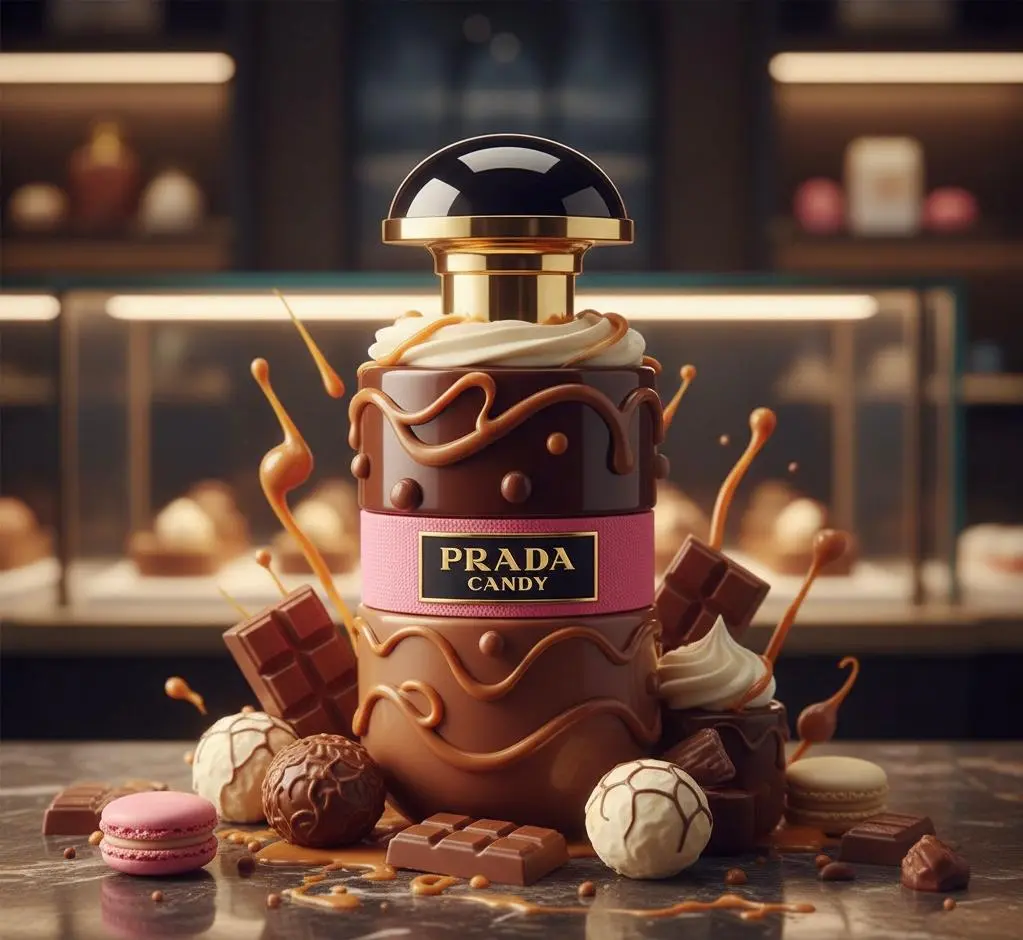 best freelance seo expert in malappuram Stylish chocolate dessert display with a Prada Candy–inspired bottle design, surrounded by chocolates and sweets in a warm bakery setting.