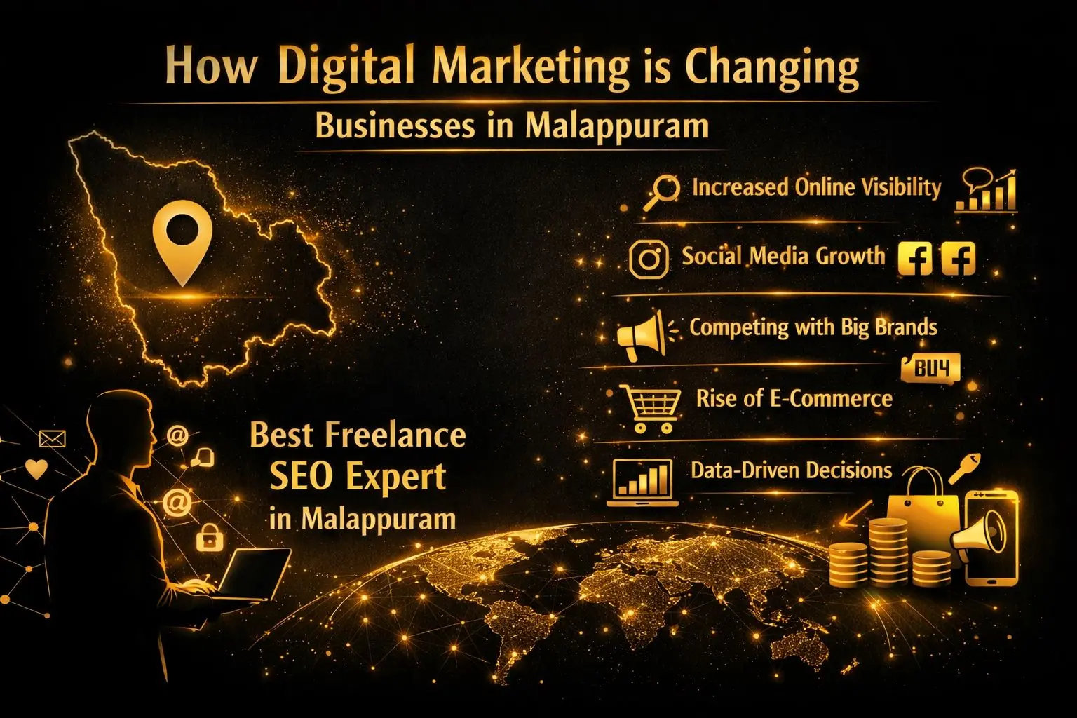 best seo expert in malappuram Black and dark golden themed infographic about digital marketing growth in Malappuram, showing map outline, laptop user, and SEO and social media icons.