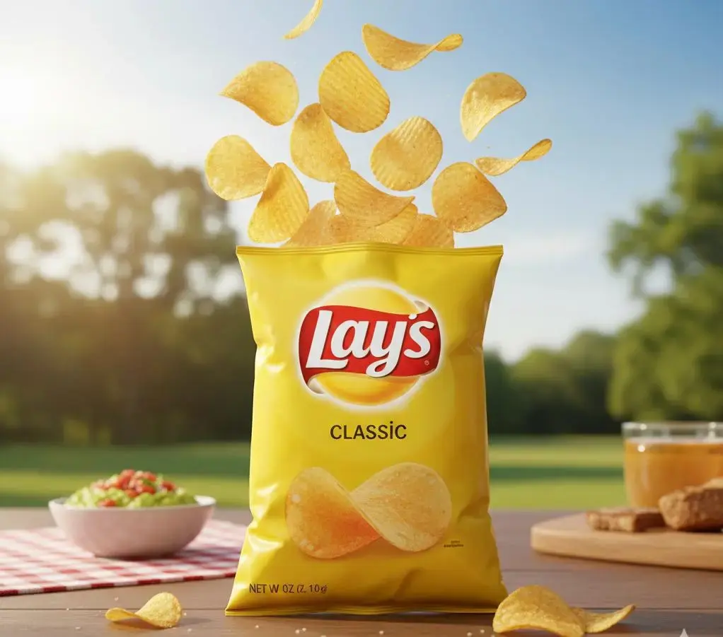 best freelance seo expert in malappuram Yellow Lay’s Classic potato chips bag with chips popping out on a sunny outdoor picnic table background.